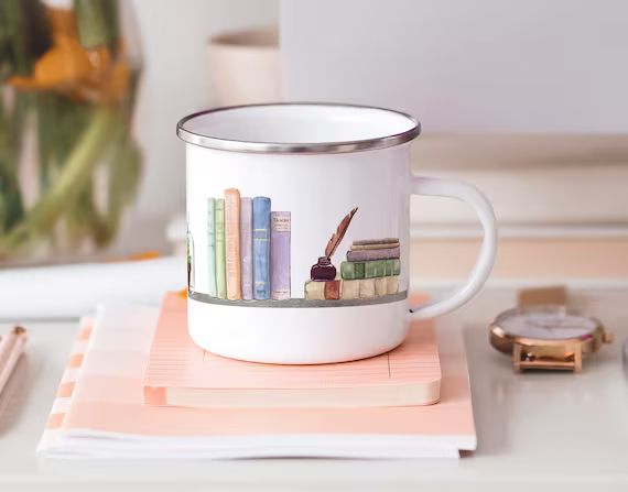 Bookshelf Camp Mug, Library Metal Mug, Bookstagram Shelfie Coffee Mug, Gift for Reader, Bookstagr... | Etsy (US)