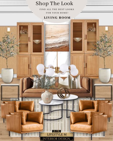 Warm Traditional Modern Living Room style. Brown leather accent chair, brown leather sofa, marble top coffee table, marble top end table, wood cabinets, beige rug, round vase, brass decor, beige throw pillow, white tree planter pot, faux olive tree, round brass chandelier, brown wall art, wall sconce.

#LTKstyletip #LTKhome #LTKsalealert