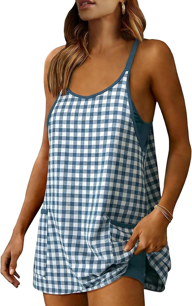 Faleave Women's Summer Sleeveless Mini Dress Gingham Spaghetti Strap Built-in Shorts V Neck Athle... | Amazon (US)