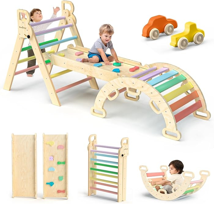 BlueWood Pikler Triangle Set 7in1 Foldable Baby Climbing Toys Wooden Montessori Climbing Set with... | Amazon (US)