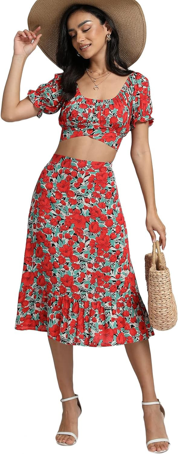 LYANER Women's 2 Piece Outfits Floral Self Tie Knot Crop Top and Midi Skirt Set | Amazon (US)