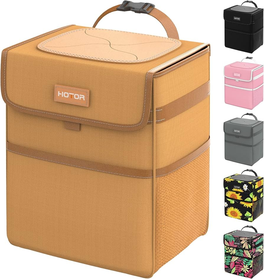 HOTOR Car Trash Can with Lid, Brown Car Trash Bag Hanging with Storage Pockets, 100% Leak-Proof C... | Amazon (US)