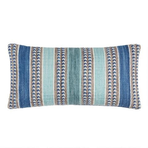Blue Woven Stripe Indoor Outdoor Lumbar Pillow | World Market