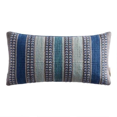 Blue Woven Stripe Indoor Outdoor Lumbar Pillow | World Market