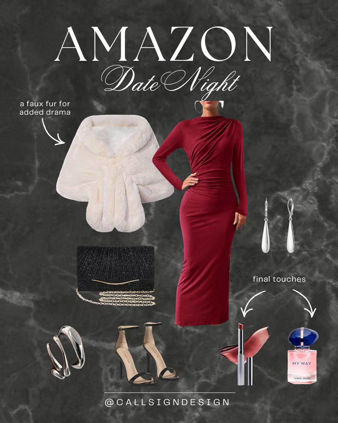 Get glam for your next date night with this fabulous faux fur, deep red dress, sparkling clutch, and one of our favorite perfumes for a final touch. 

 #LTKdayinmylife #LTKgrwm #LTKootd