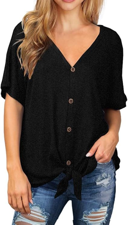 IWOLLENCE Women's Waffle Knit Tunic Blouse Tie Knot Short Sleeve Henley Tops Loose Fitting Bat Wi... | Amazon (US)