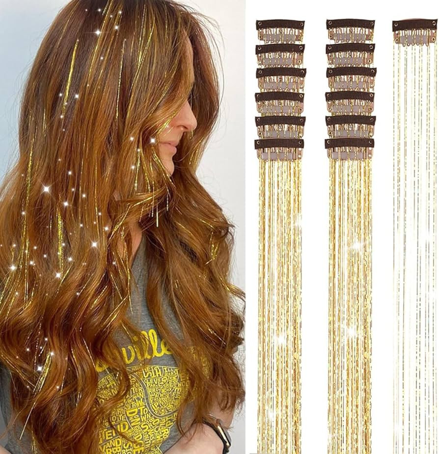 Gold Hair Tinsel Packs of 12Pcs Clip in Hair Tinsel Kit 20.5 inch Fairy Hair Tinsel Heat Resistan... | Amazon (US)