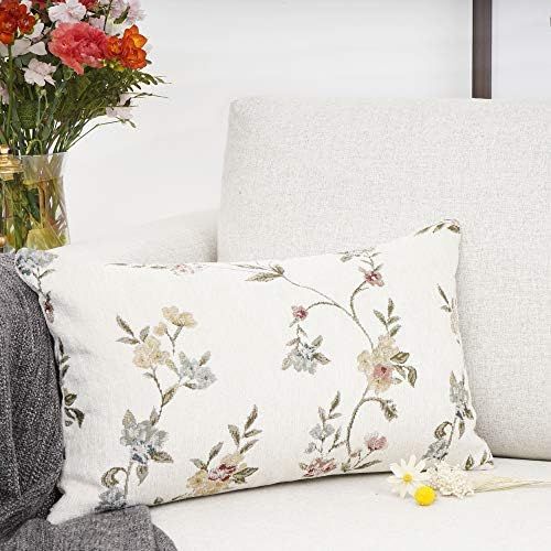 YOUR SMILE Classical Embroidery Jacquard Farmhouse Oblong Rectangle Chenille Beige Floral Pattern De | Amazon (US)