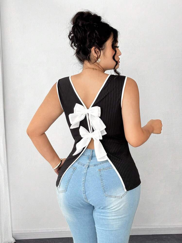 Elenzga Plus Size Women Elegant Ribbed Knit Camisole Top With Bowknot Back Detailing | SHEIN