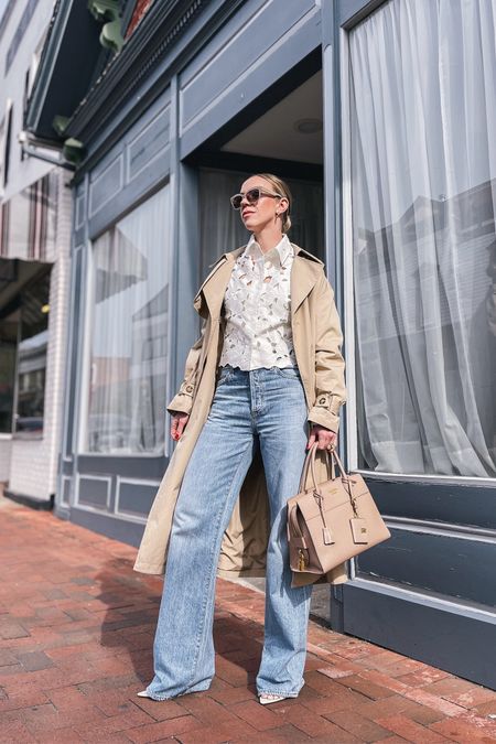 Trench coat, lace eyelet blouse, wide leg jeans, Citizens of Humanity jeans, spring outfit, style over 40

#LTKfindsunder100 #LTKover40 #LTKSeasonal