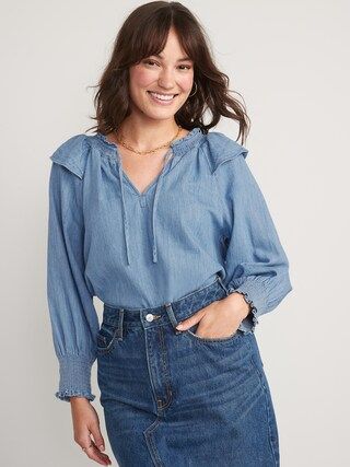 Puff-Sleeve Non-Stretch Jean Ruffle-Trimmed Poet Blouse for Women | Old Navy (US)
