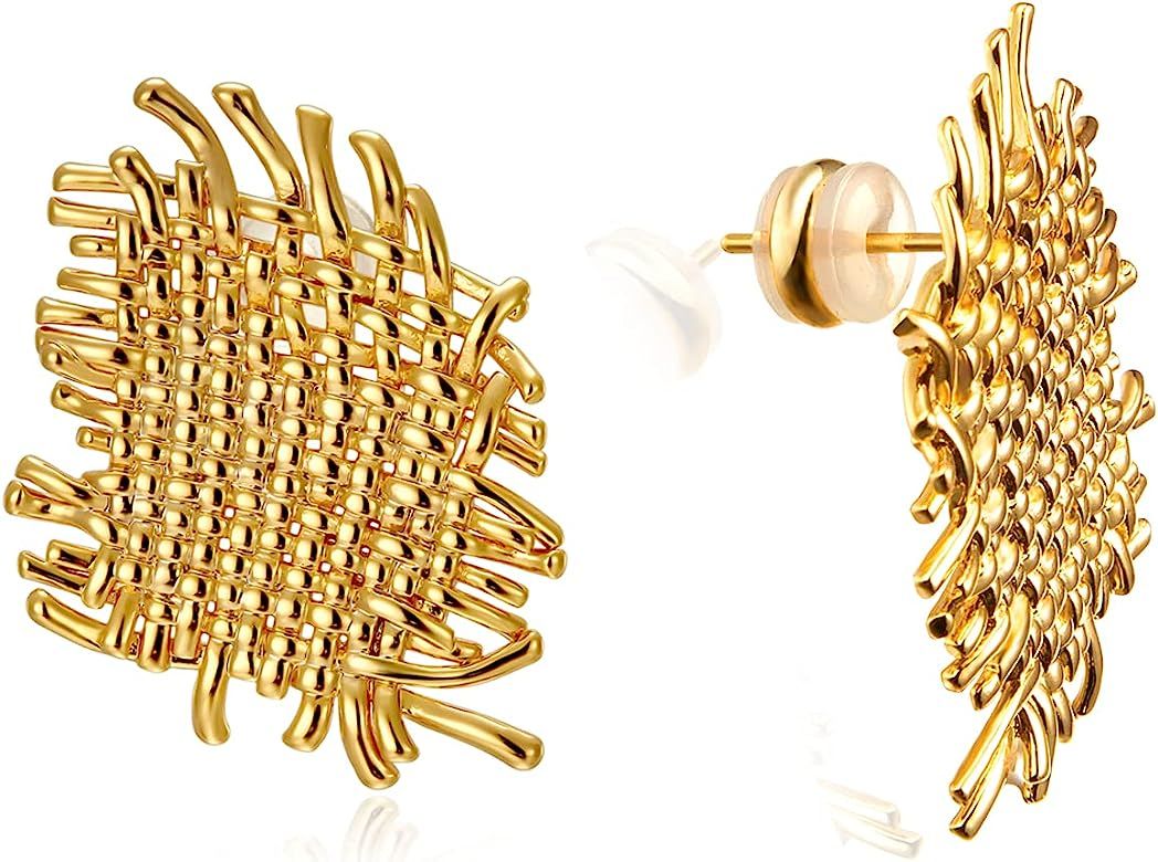 Statement Earrings for Women,LecAit Brand Design Woven Texture Stud Earrings 18k Gold Plated 925 Ste | Amazon (US)