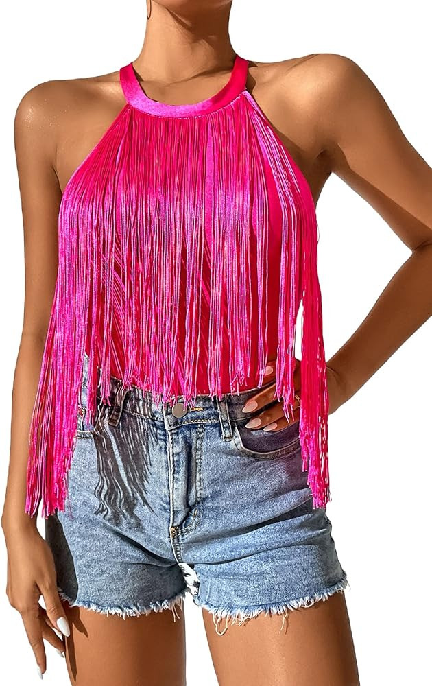 SheIn Women's Fringe Sleeveless Bodycon Bodysuit Top Solid One Piece Cami Jumpsuit | Amazon (US)