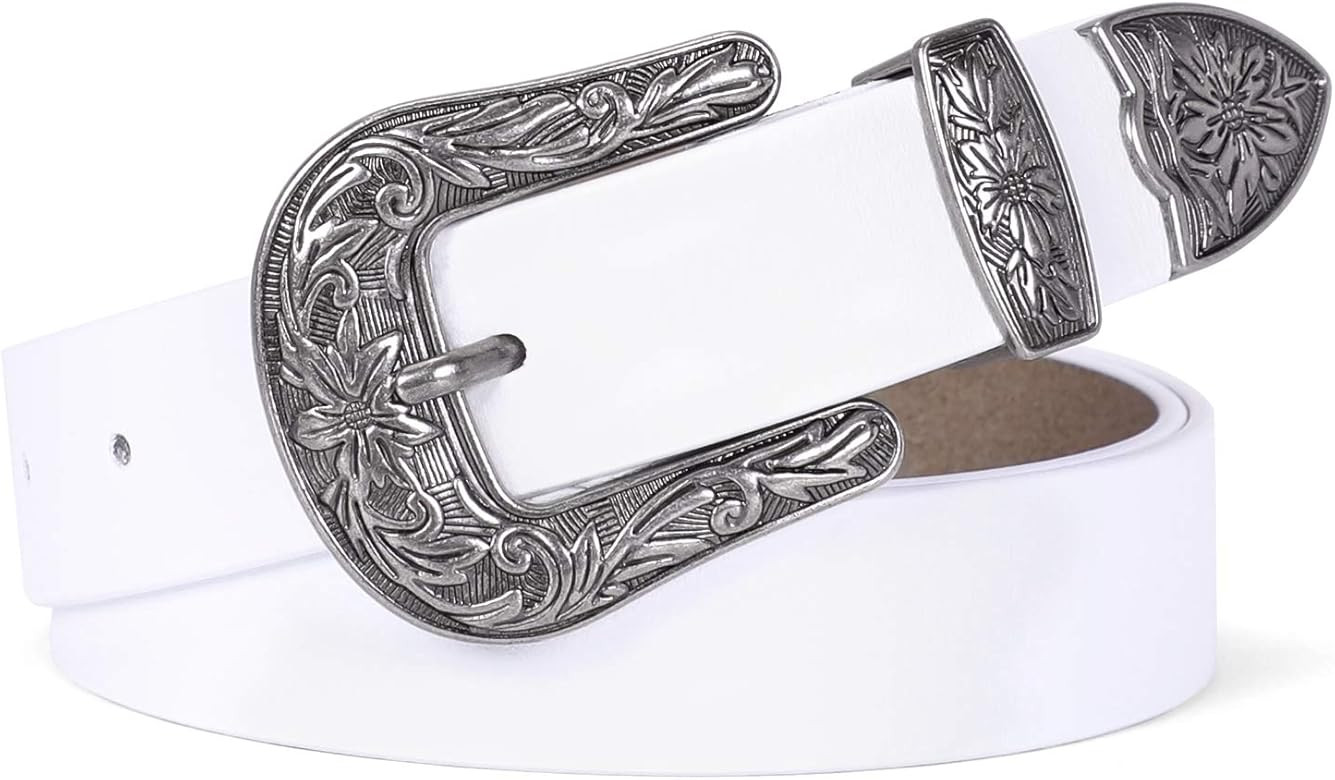 Women Leather Belts Ladies Vintage Western Design Black Waist Belt for Pants Jeans Dresses | Amazon (US)