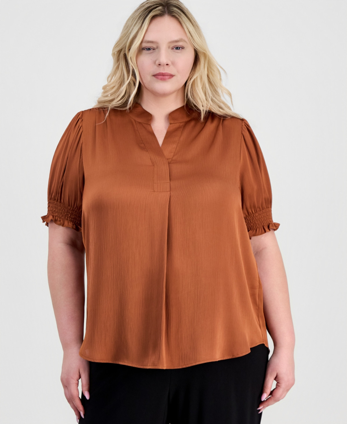Anne Klein Plus Size Y-Neck Short Puff Sleeve Blouse - Cedar Spice | Macy's