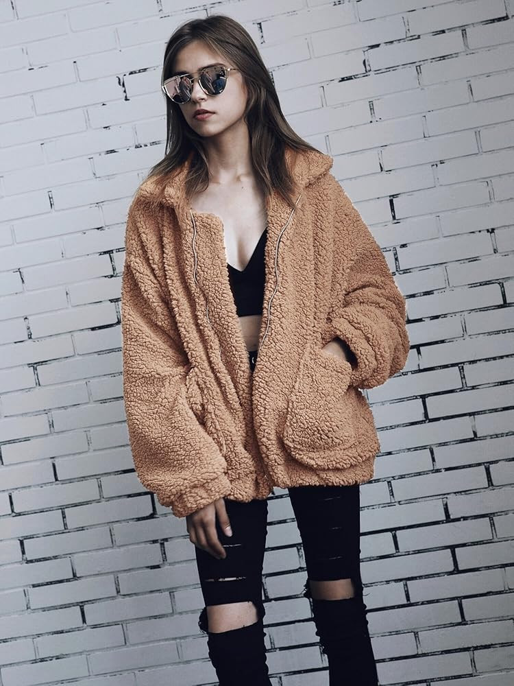 Women's Fashion Long Sleeve Lapel Zip Up Faux Shearling Shaggy Oversized Coat Jacket with Pockets... | Amazon (US)