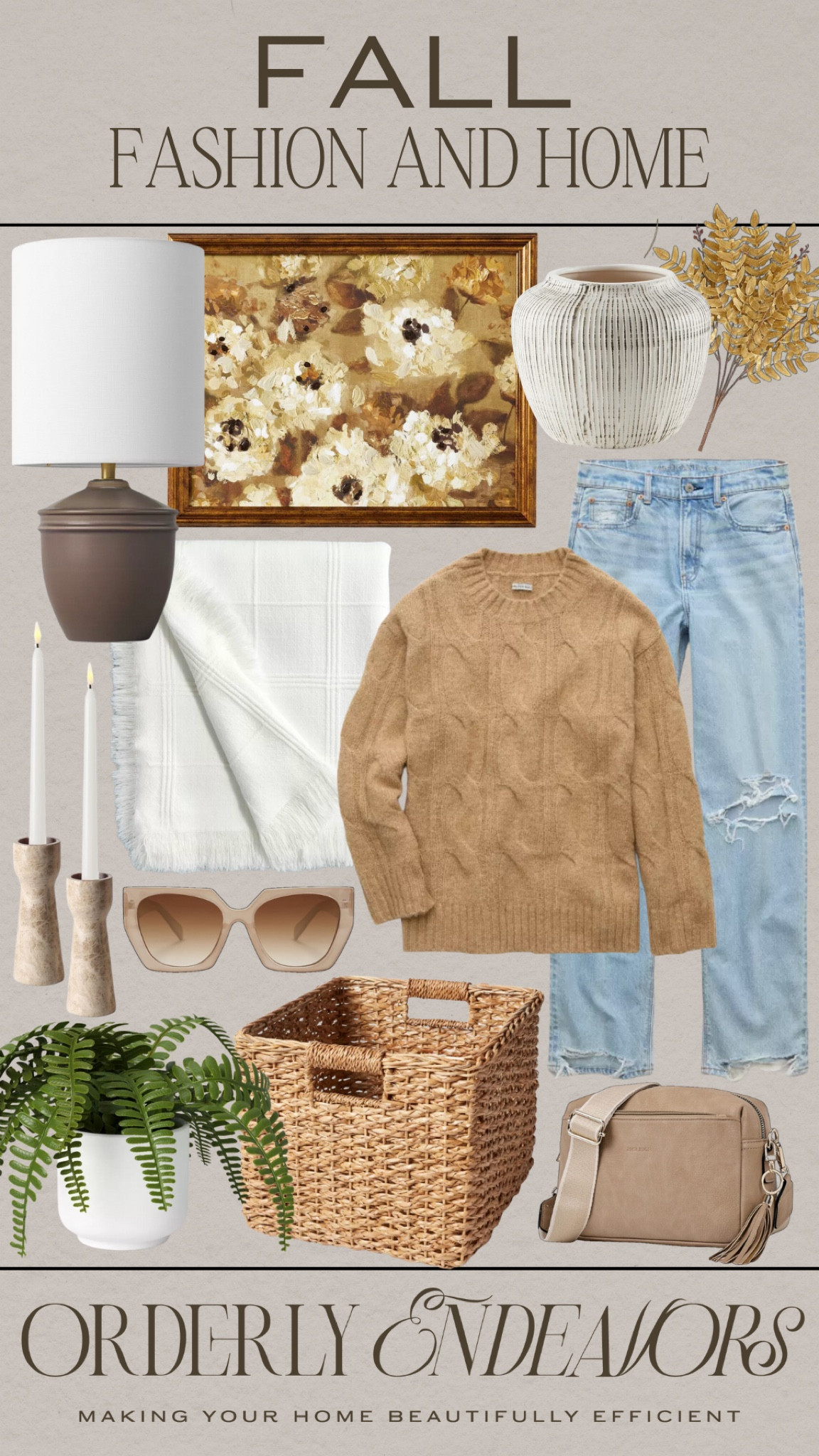 Fall home and fashion includes sweater, jeans, bag, sunglasses, basket, faux plant, throw blanket, candle stick holders, table lamp, wall art, vase, and stems.

Home decor, fall home decor, fall outfit, fall fashion finds

#LTKHome #LTKFindsUnder100 #LTKStyleTip