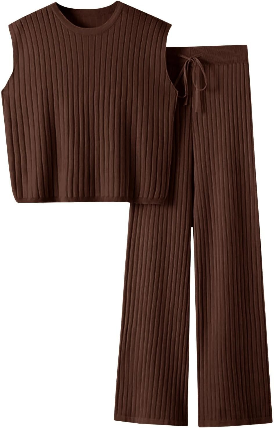 Imily Bela Womens 2 Piece Outfits Sleeveless Ribbed Knit Tops Wide Leg Pants Summer Vacation Sweater Matching Lounge Sets | Amazon (US)