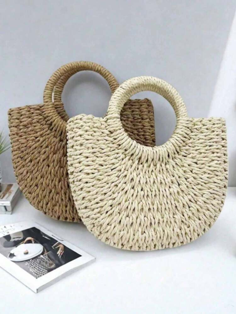 1pc Handmade Woven Bag, Retro Straw Bag, Paper Rope Bag, Half-Circle Casual Tote Bag, Beach Bag, Street Style Women Handbag, Shopping Basket Bag, Multifunctional Beach Vacation Bag | SHEIN