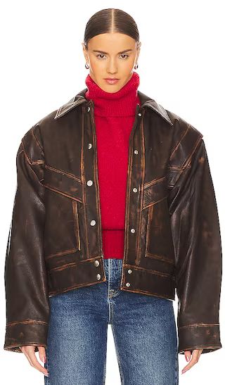 Jayden Distressed Leather Jacket in Dark Brown | Revolve Clothing (Global)
