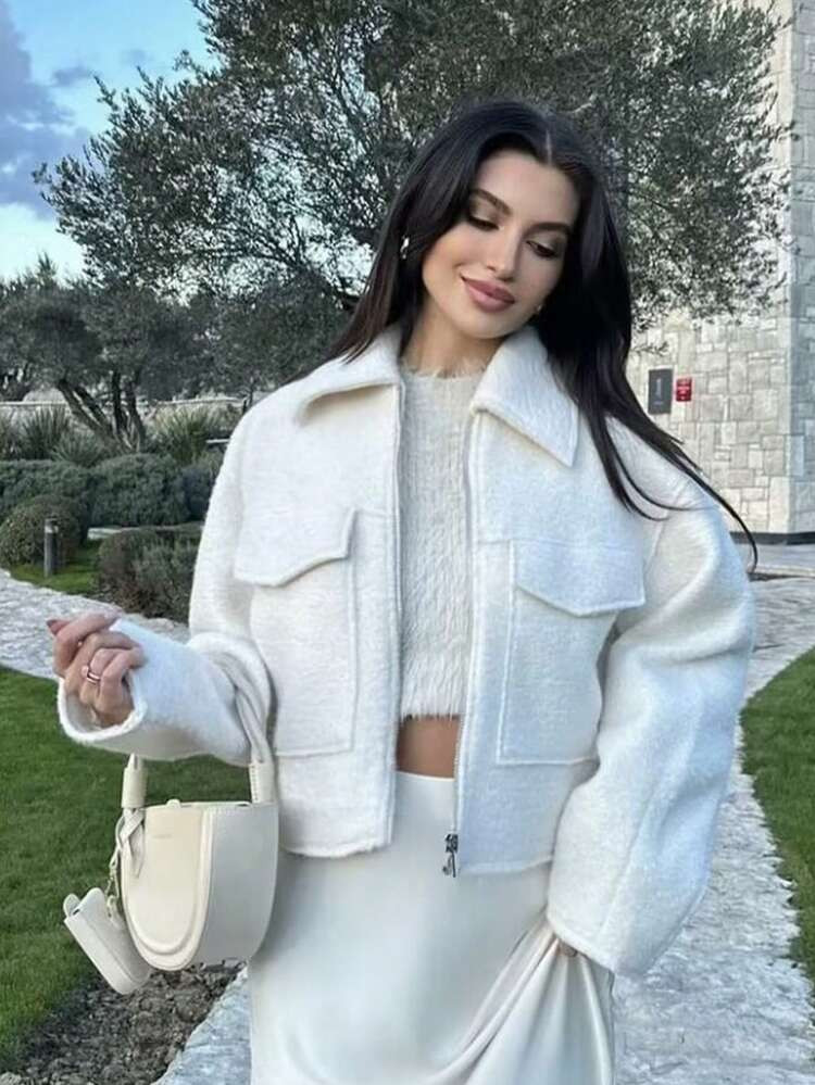 Chaqueta Casual De Mujer TRAFZA De Lana Sintética, Unicolor, Cuello Vuelto, Manga Larga, Bolsillo Utilitario, Corte Holgado, Para Otoño E Invierno | SHEIN