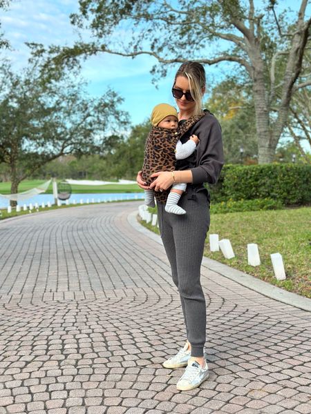 Golf tournament outfit, monochromatic outfit, all grey outfit, ribbed knit joggers, silver golden goose, Artipoppe carrier 

#LTKfamily #LTKbaby #LTKfit
