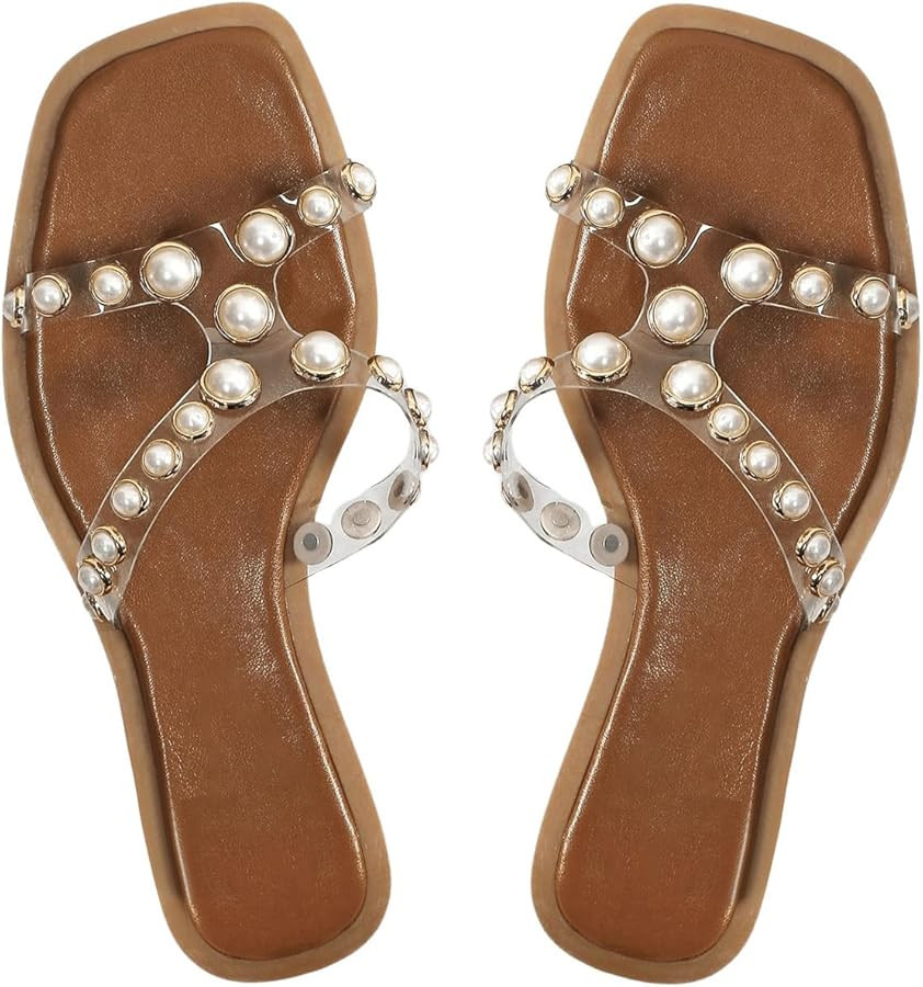 GORGLITTER Women's Clear Sandals Strappy Jelly Flat Slides Dressy Open Toe Cute Vacation Beach Sh... | Amazon (US)