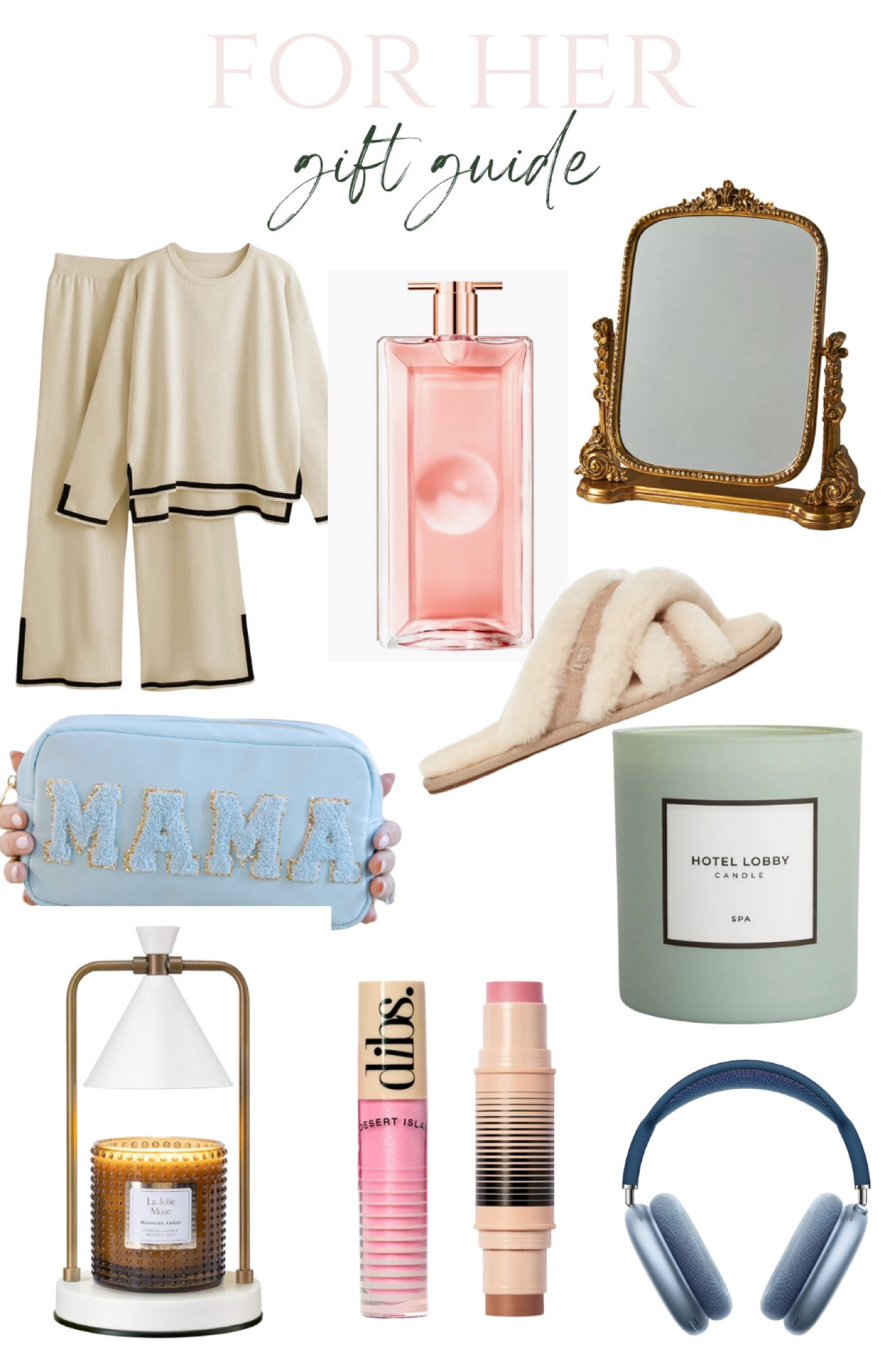 Gift guide for her, lounge set, matching set, fragrance, mirror, vanity, makeup pouch, candle, slipper, dibs, candle warming, AirPods Max 

#LTKGiftGuide #LTKHoliday #LTKSeasonal