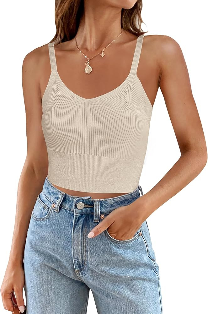 ZESICA Women's Summer V Neck Tank Top 2024 Sleeveless Spaghetti Strap Cami Shirts Ribbed Knit Bas... | Amazon (US)