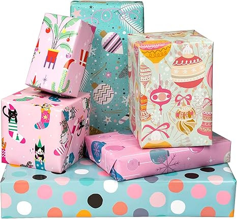 MAYPLUSS Christmas Wrapping Paper Large Sheet - Folded Flat - 6 Different Pink & Blue Design (45... | Amazon (US)