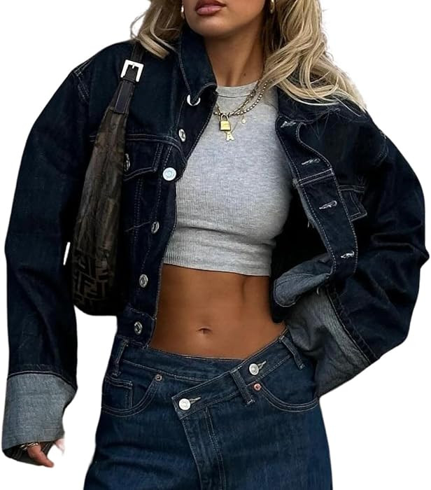 Women's Cropped Denim Jacket Button Up Long Sleeve Turn-Up Cuff Jean Jacket Women Coat | Amazon (US)