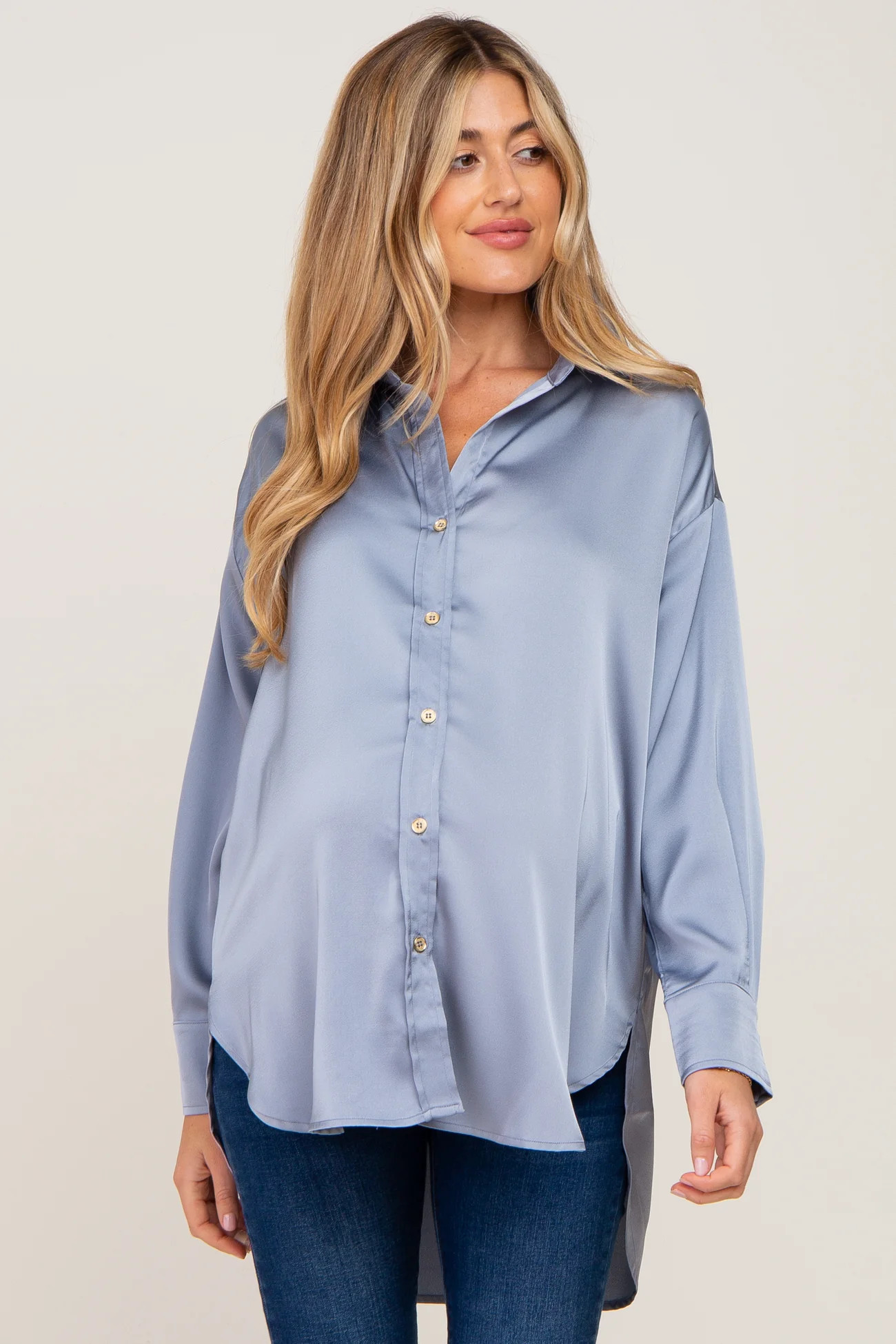 Blue Satin Button Up Maternity Blouse | PinkBlush Maternity