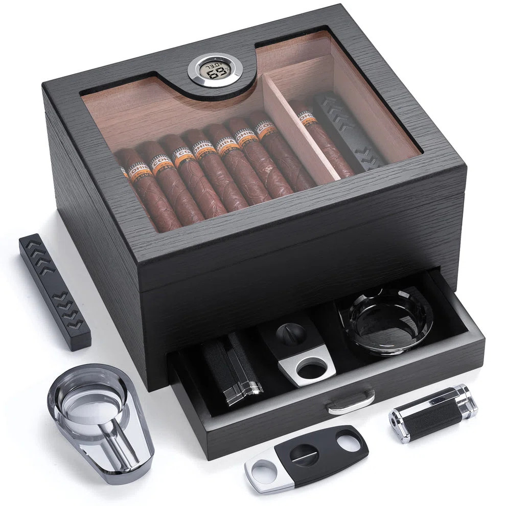 Cigar Humidor Box for 50 Cigars with Drawer, Hygrometer, Humidifier, Cutter, Ashtray, Lighter | Wayfair North America