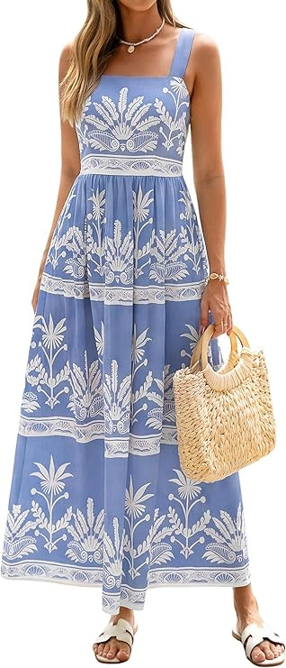 Simplee Womens Summer Boho Floral Maxi Dress Casual Flowy Sleeveless Square Neck Beach Vacation S... | Amazon (US)
