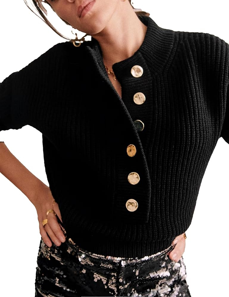 Womens Casual Long Sleeve Sweaters Buttons V Neck Ribbed Knit Pullover Outfits | Amazon (US)