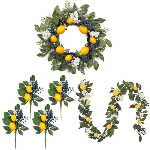 Valery Madelyn 20" Spring Lemon Wreath for Front Door & 6ft Garland for Mantle & 4 Packs Lemon Picks Bundle – Artificial Spring Decoration Set for Kitchen & Home (Wreath + Garland + Lemon Picks) | Amazon (US)