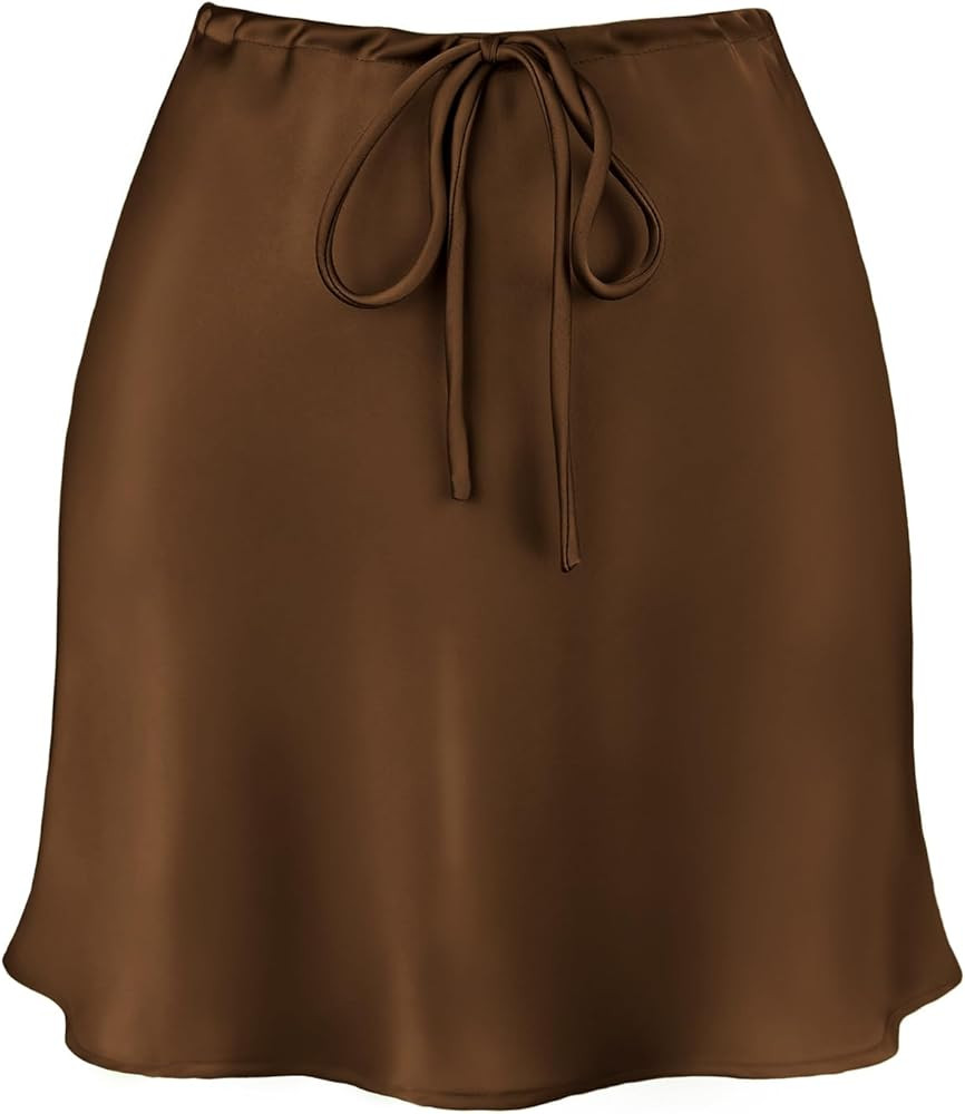 Women's Drawstring Satin Mini Skirt High Waisted Elegant Casual A-Line Flared Silk Short Skirts f... | Amazon (US)