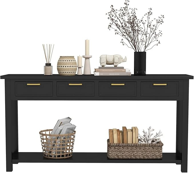 Black Entryway Table 60 Inch - Console Table with 4 Drawers and Open Storage Shelf, Narrow Long S... | Amazon (US)