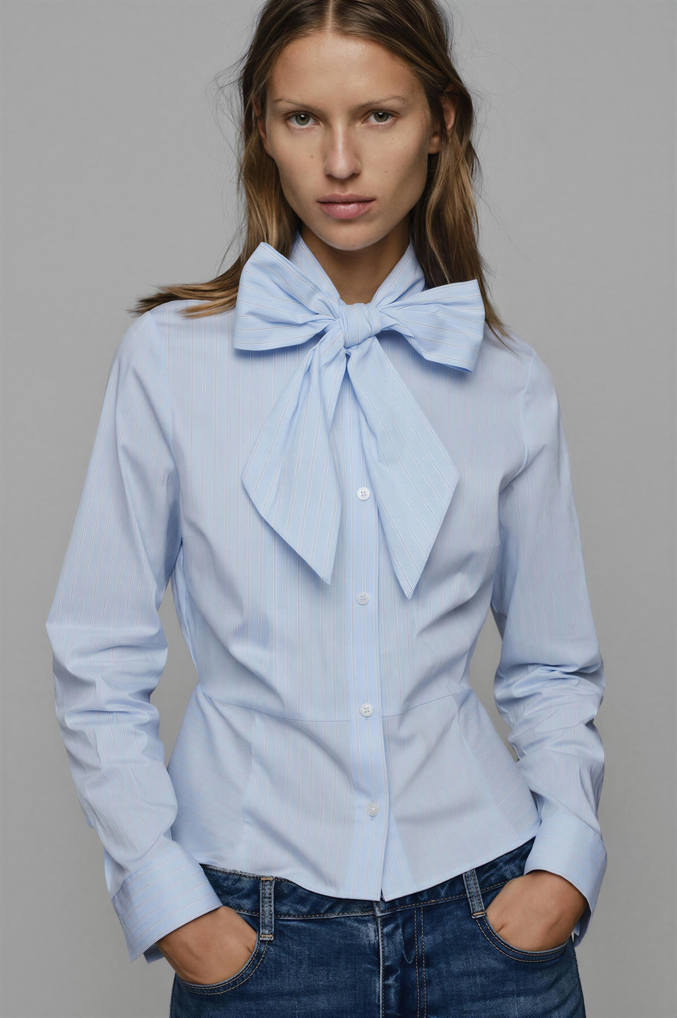 STRIPED TIE-NECK BLOUSE | Zara US