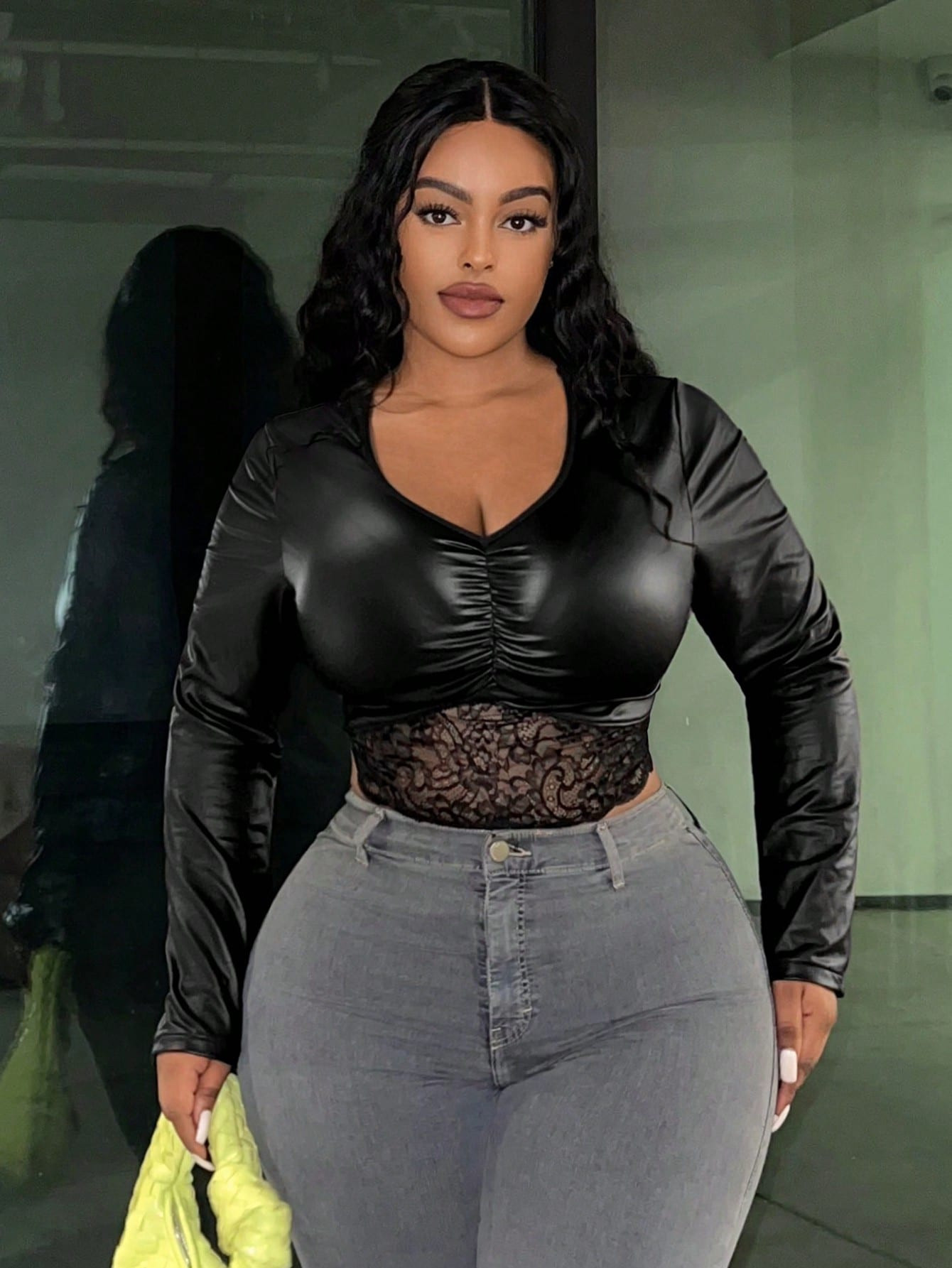 SHEIN Slayr Plus Contrast Lace Ruched Bustier PU Leather Top | SHEIN