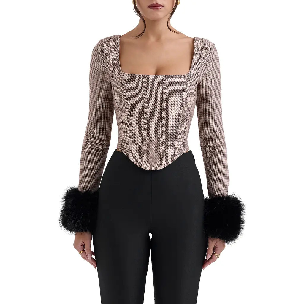 HOUSE OF CB Antonia MIcrocheck Faux Fur Cuff Corset Top in Brown Check at Nordstrom, Size X-Large D | Nordstrom