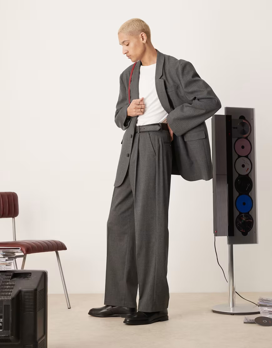 ASOS DESIGN high waisted wide suit pants in charcoal herringbone-Grey | ASOS (Global)