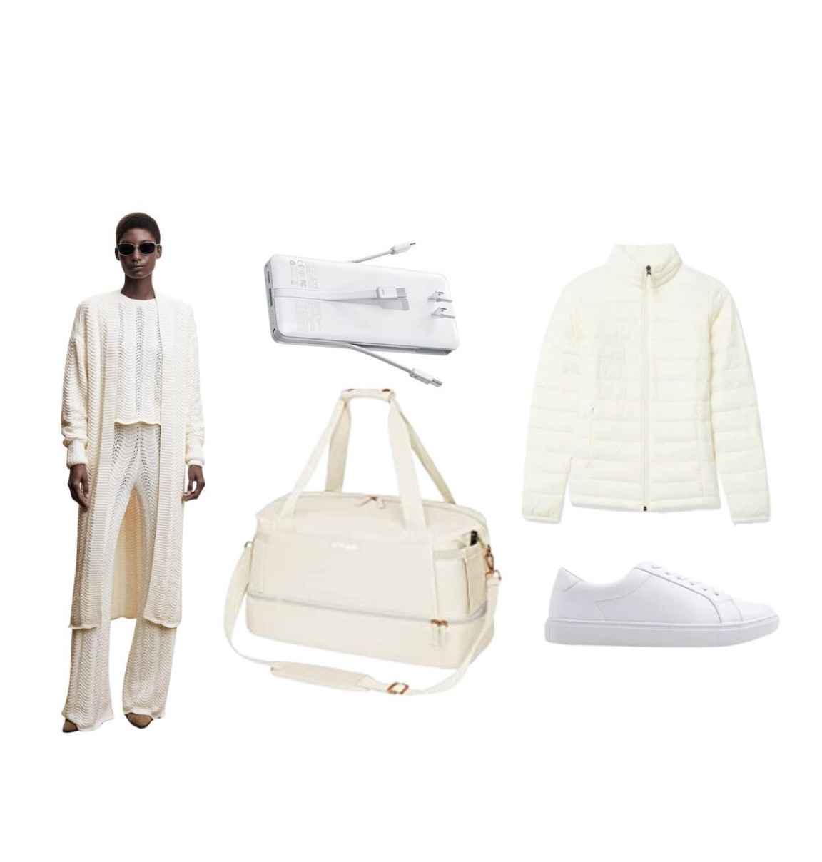 Travel outfit // carry on bag // airplane essentials // travel essentials // white puffer // portable charger // carry on bag // personal item bag // under the seat bag // knit sweats 
