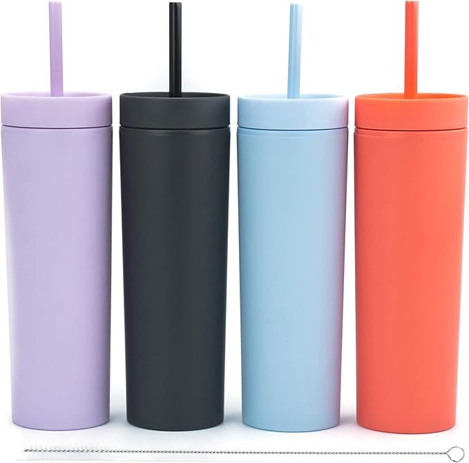 SKINNY TUMBLERS (4 pack) Matte Pastel Colored Acrylic Tumblers with Lids and Straws |16oz Double ... | Amazon (US)