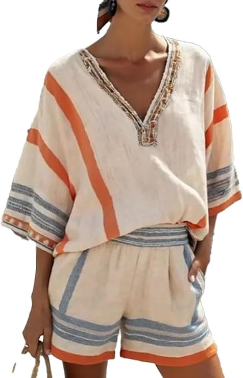 Shorts Sets Women 2 Piece Outfits Comfy Vacation Colorful Stripes V Neck Going Out Casual 2 Piece Sets for Women | Amazon (US)