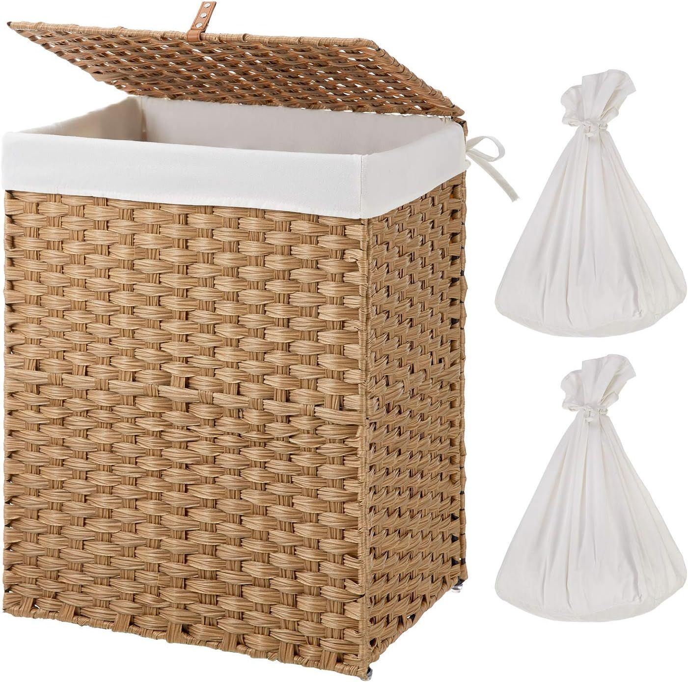 Greenstell Laundry Hamper with 2 Removable Liner Bags, Synthetic Rattan Handwoven Laundry Basket ... | Amazon (US)