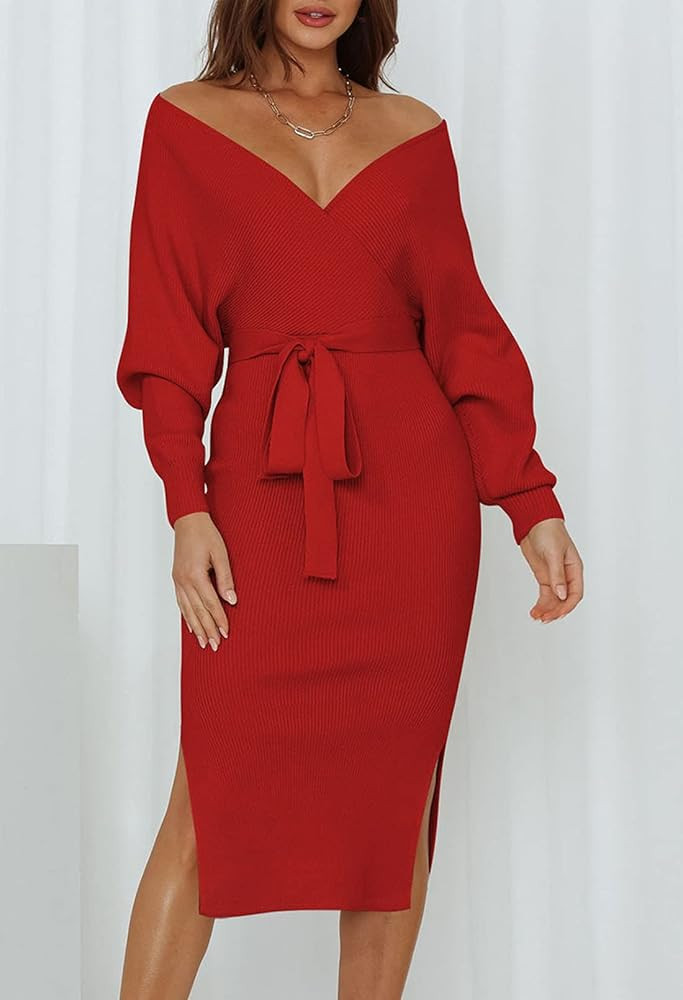 Pink Queen Womens V Neck Sweater Wrap Dresses Batwing Sleeve Sexy Backless Slit Maxi Knit Dress with | Amazon (US)