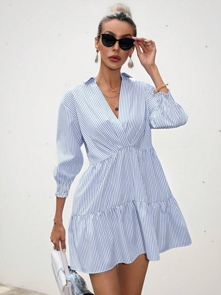 Striped Print Ruffle Hem Smock Dress Dresses For Women Elegant | SHEIN