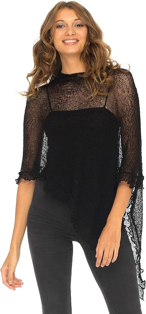 SHU-SHI Womens Sheer Poncho Shrug Lightweight Knit Ruffle Pullover Sweater Top | Amazon (US)
