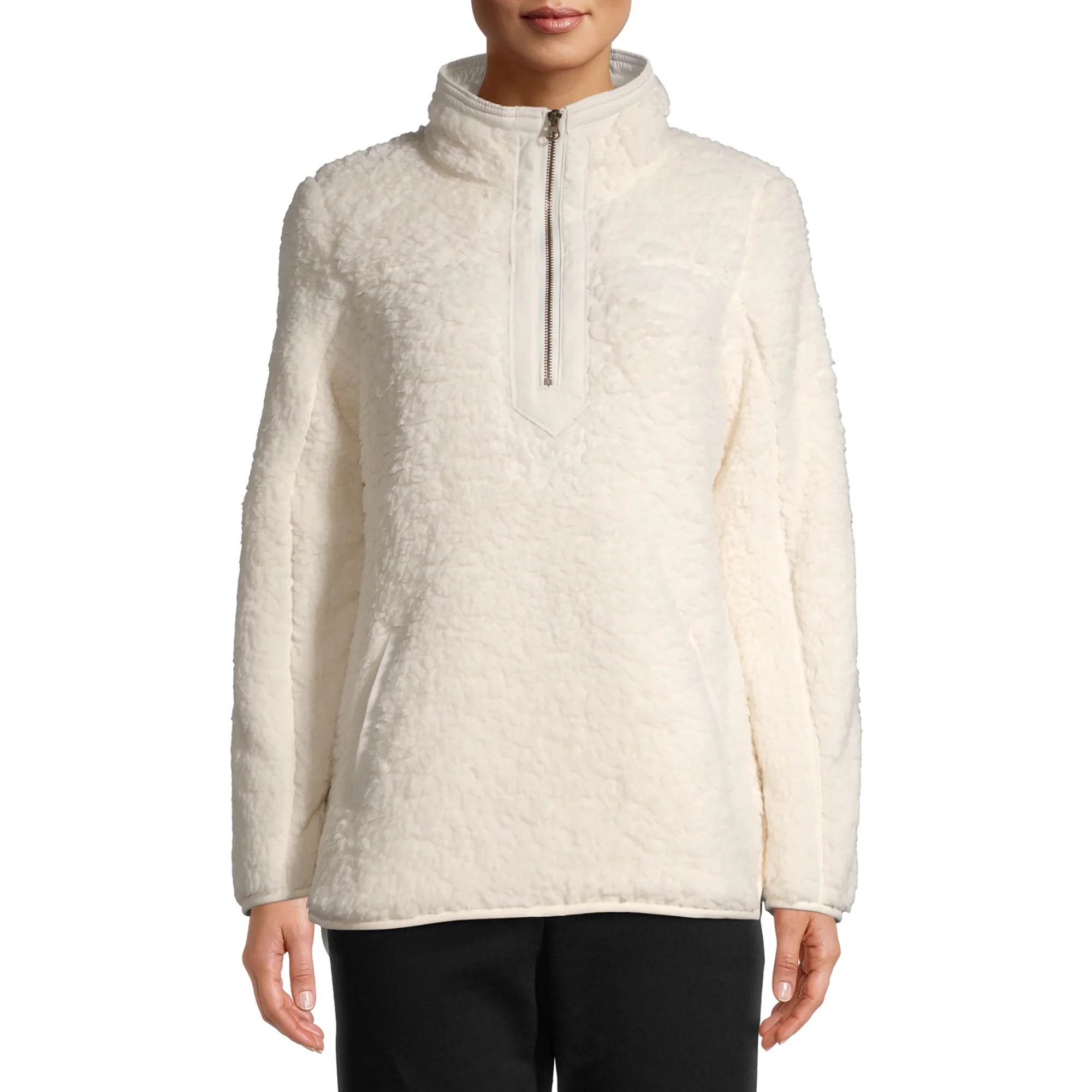 Time and Tru Women's Quarter Zip Faux Sherpa Pullover | Walmart (US)